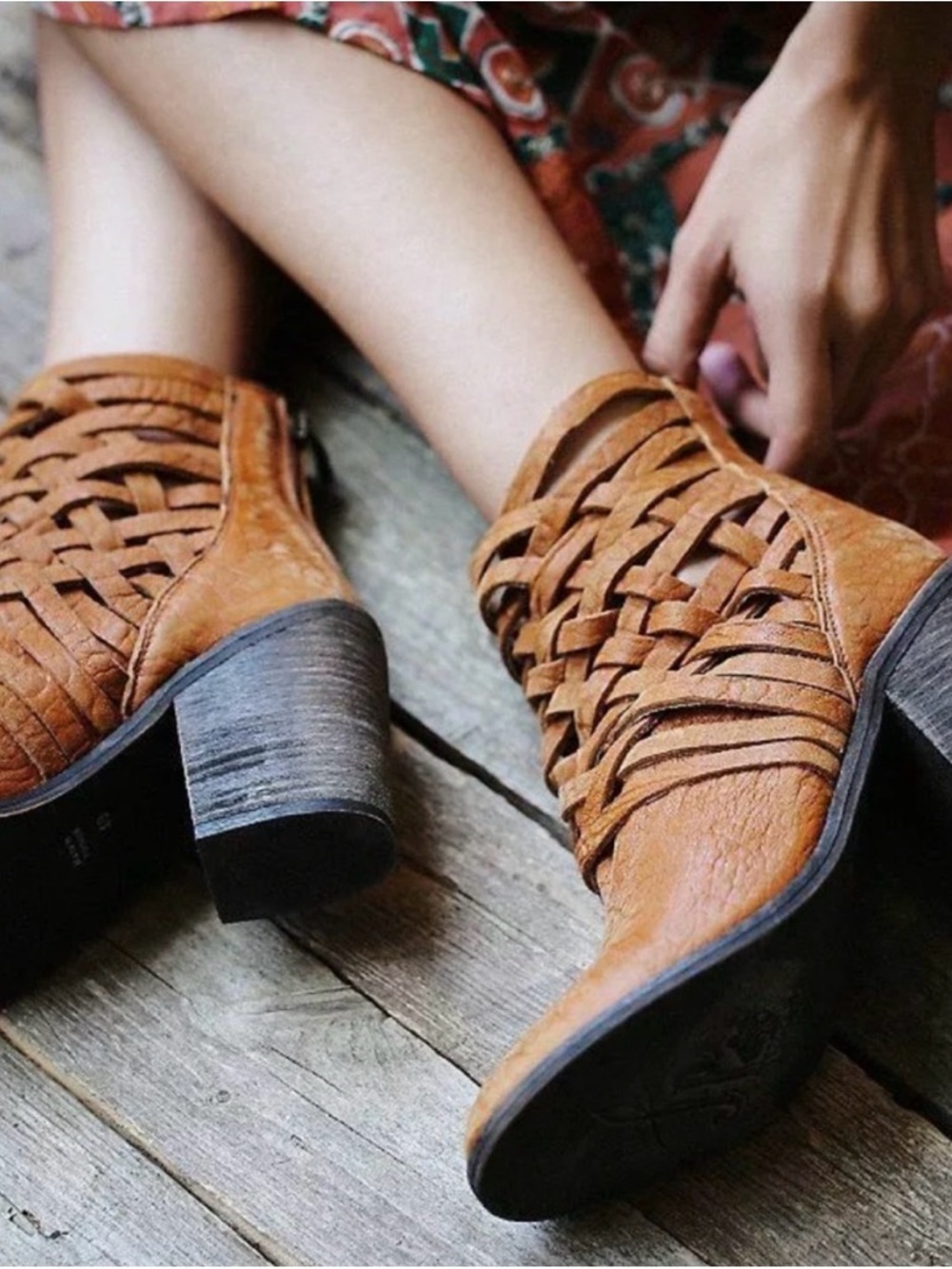 Free People Carrera Braided Woven Leather Heeled Boot Vintage Tan SZ 37